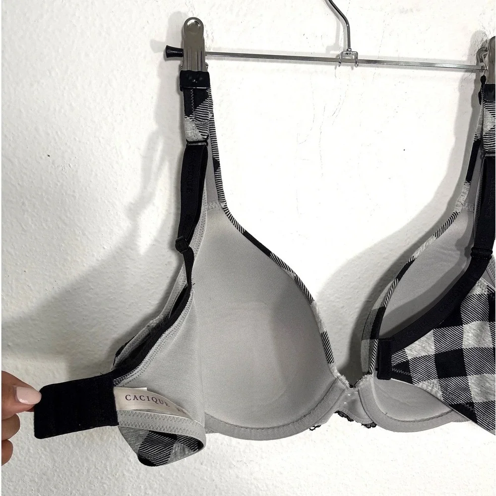 Cacique 38C Black Grey Buffalo Plaid T-Shirt Bra Lace Trim 1082926 Dark Academia